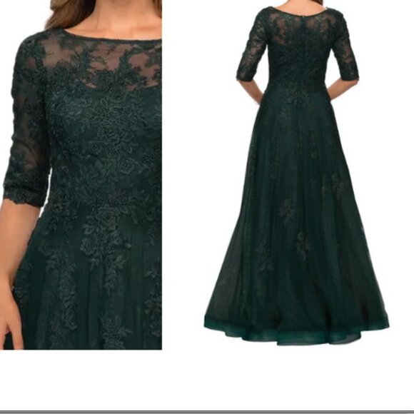 La Femme Emerald Green Embellished Floral Tulle & Lace A-Line Gown - Picture 2 of 2